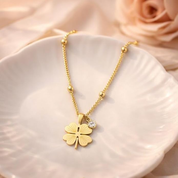 Lucky Leaf Stone Drop Pendant With Beads Chain