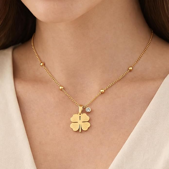 Lucky Leaf Stone Drop Pendant With Beads Chain