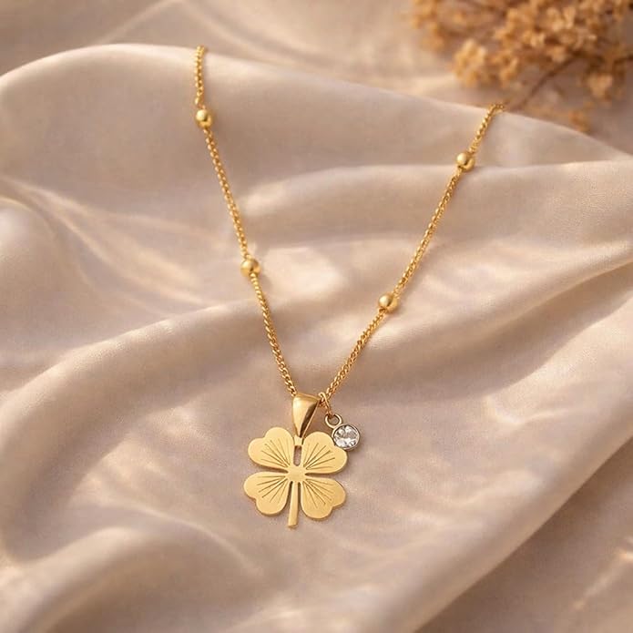 Lucky Leaf Stone Drop Pendant With Beads Chain