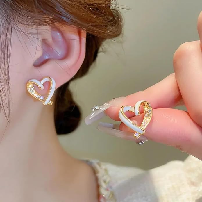 Korean White Heart Earrings