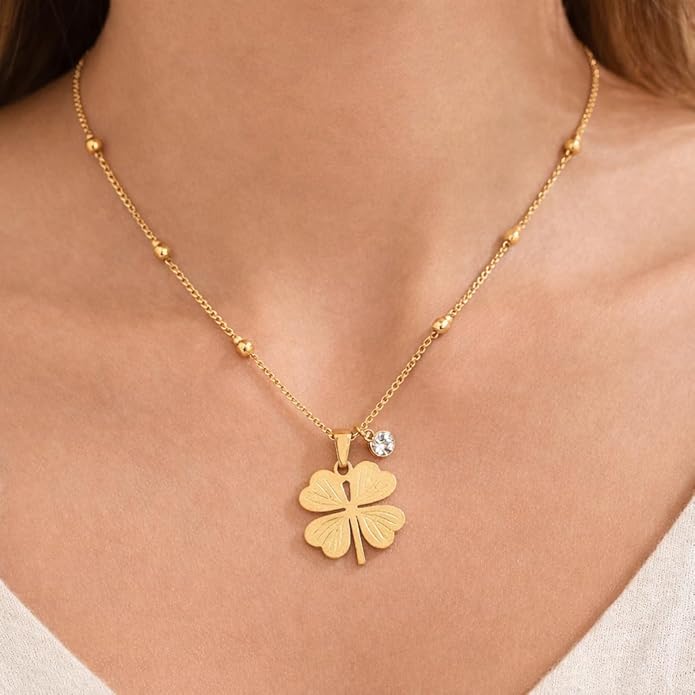 Lucky Leaf Stone Drop Pendant With Beads Chain