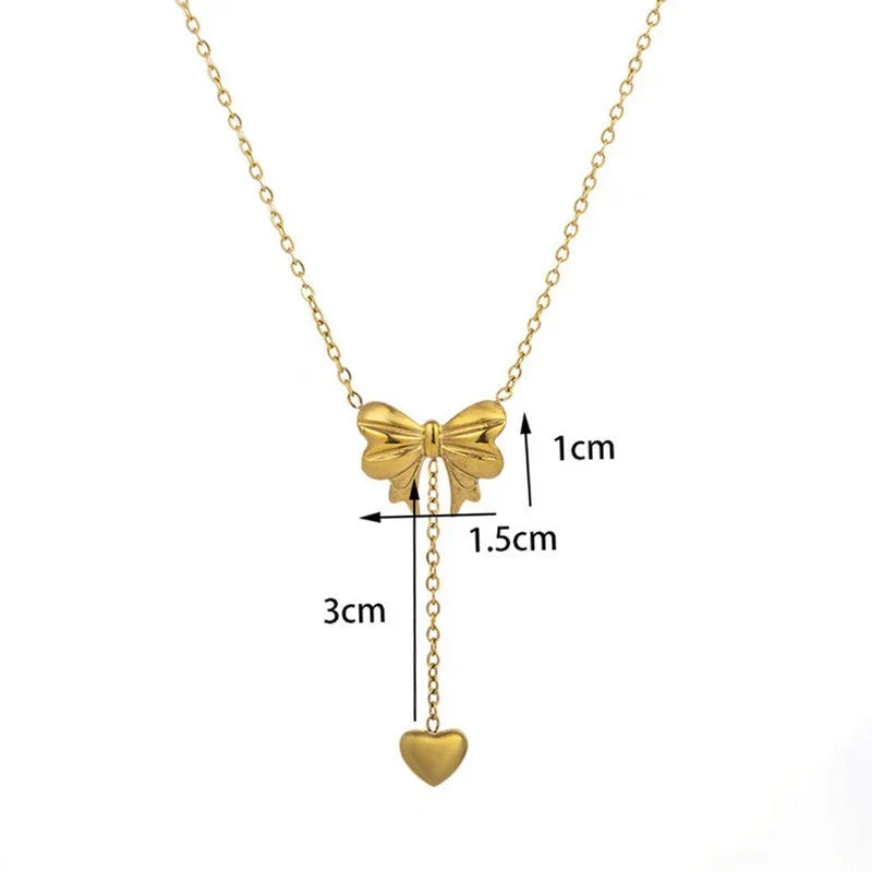 Golden Bow & Heart Drop Necklace
