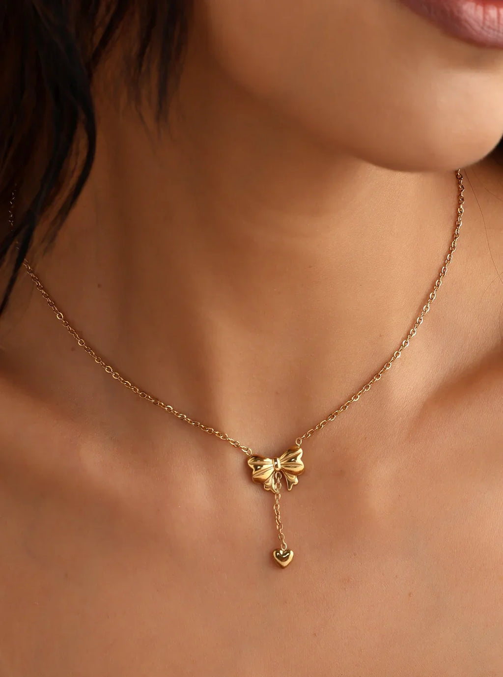 Golden Bow & Heart Drop Necklace