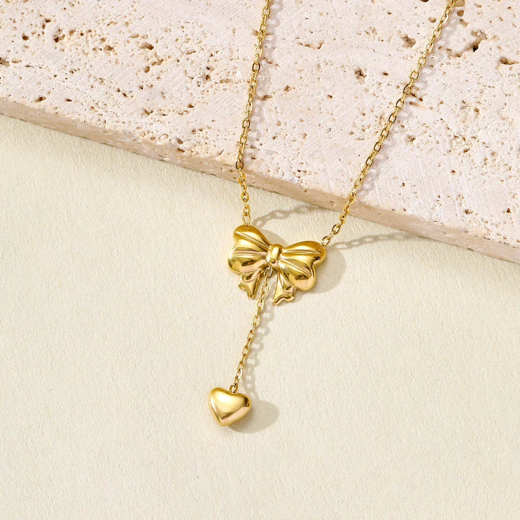 Golden Bow & Heart Drop Necklace