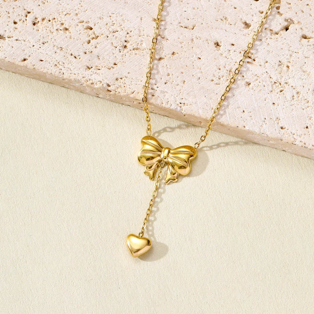 Golden Bow & Heart Drop Necklace
