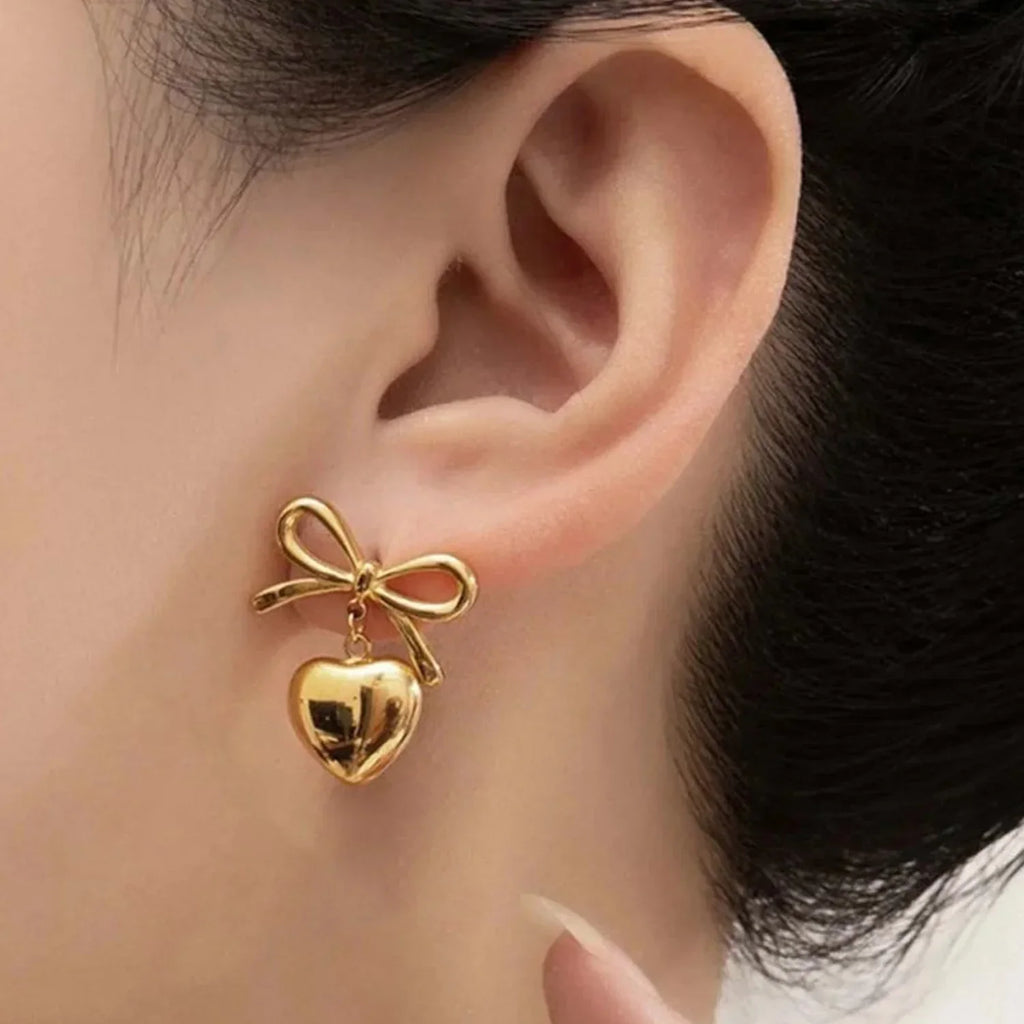 Golden Bow Heart Drop Earrings
