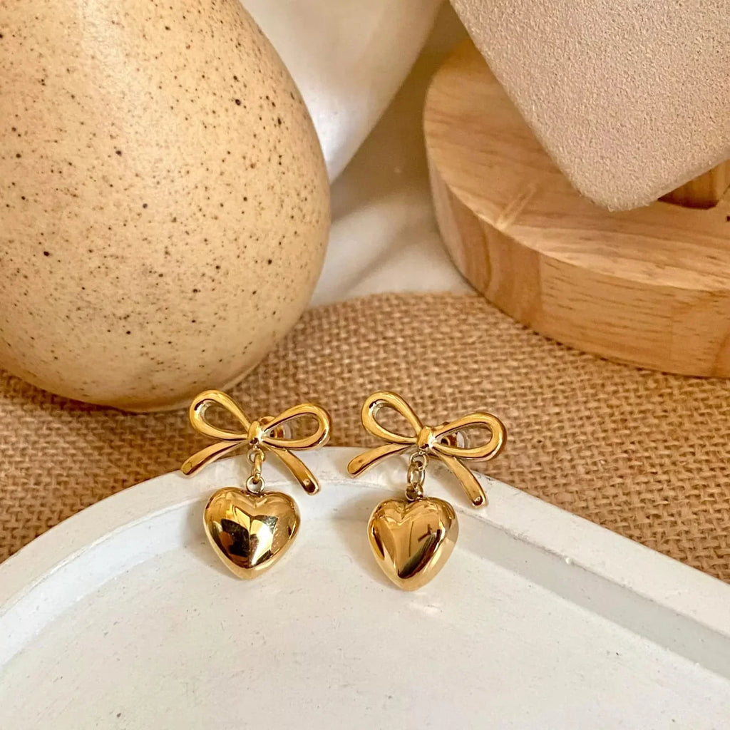 Golden Bow Heart Drop Earrings