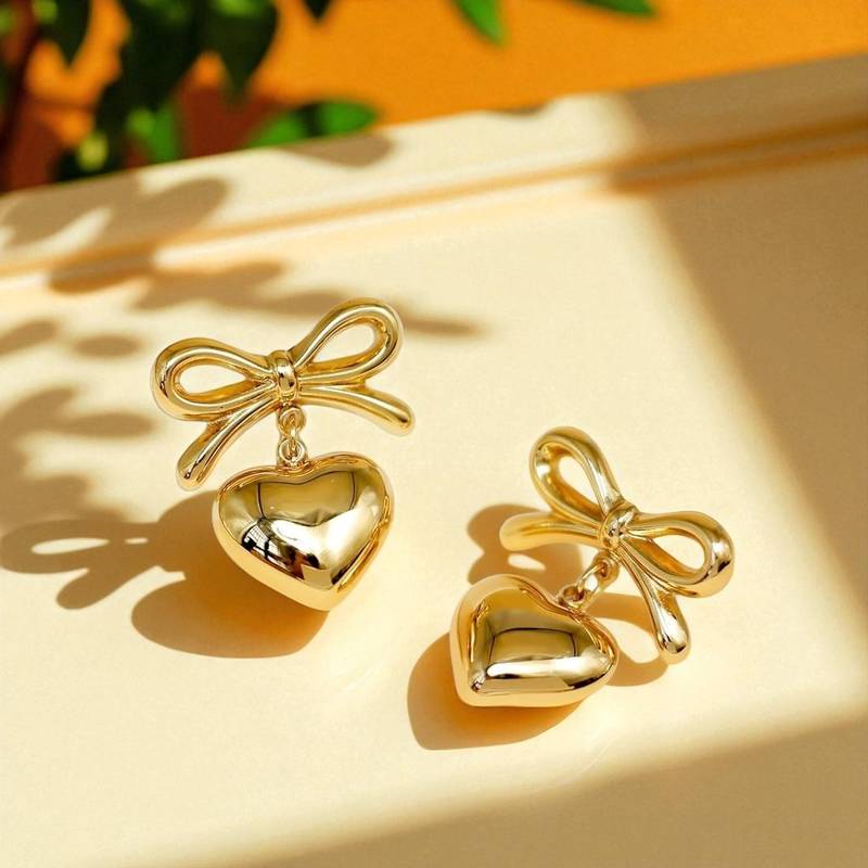 Golden Bow Heart Drop Earrings