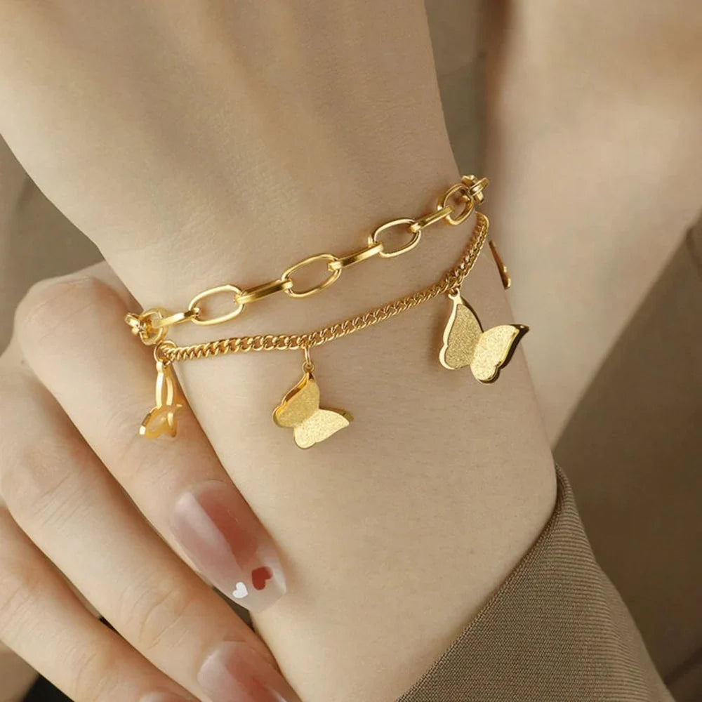 Double Chained Butterfly Charm Bracelet