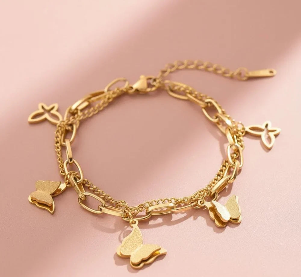 Double Chained Butterfly Charm Bracelet